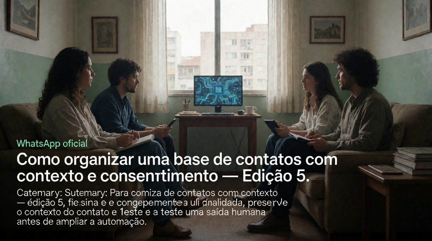 Capa editorial local sobre whatsapp oficial; tema: Como organizar uma base de contatos com contexto e consentimento — Edição 5