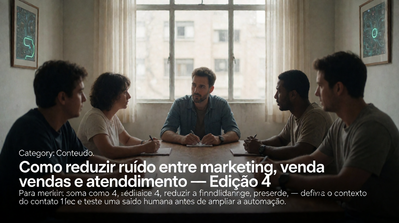 Capa editorial local sobre conteúdo; tema: Como reduzir ruído entre marketing, vendas e atendimento — Edição 4