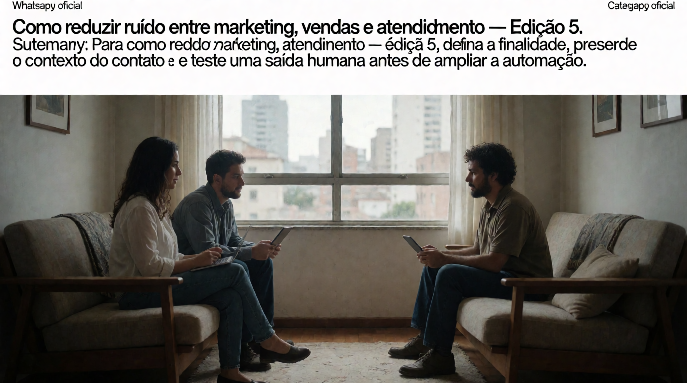 Capa editorial local sobre whatsapp oficial; tema: Como reduzir ruído entre marketing, vendas e atendimento — Edição 5