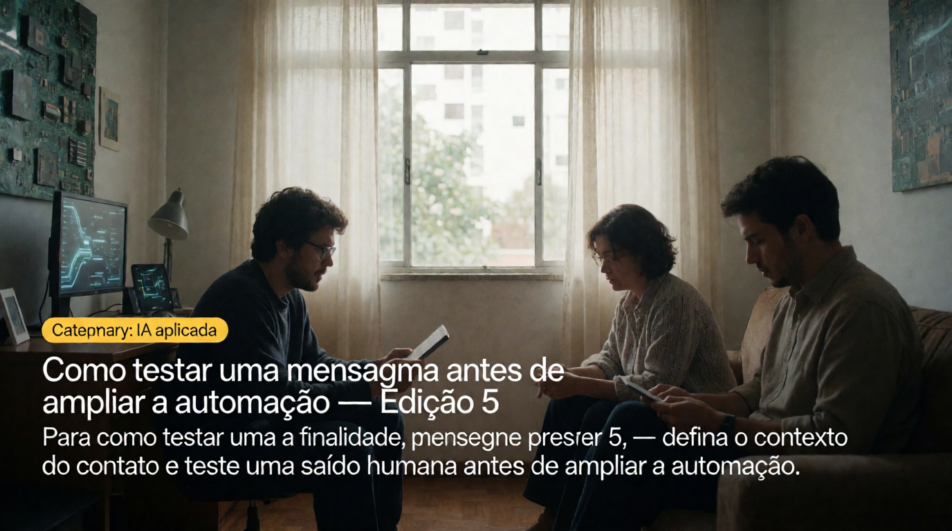 Capa editorial local sobre ia aplicada; tema: Como testar uma mensagem antes de ampliar a automação — Edição 5