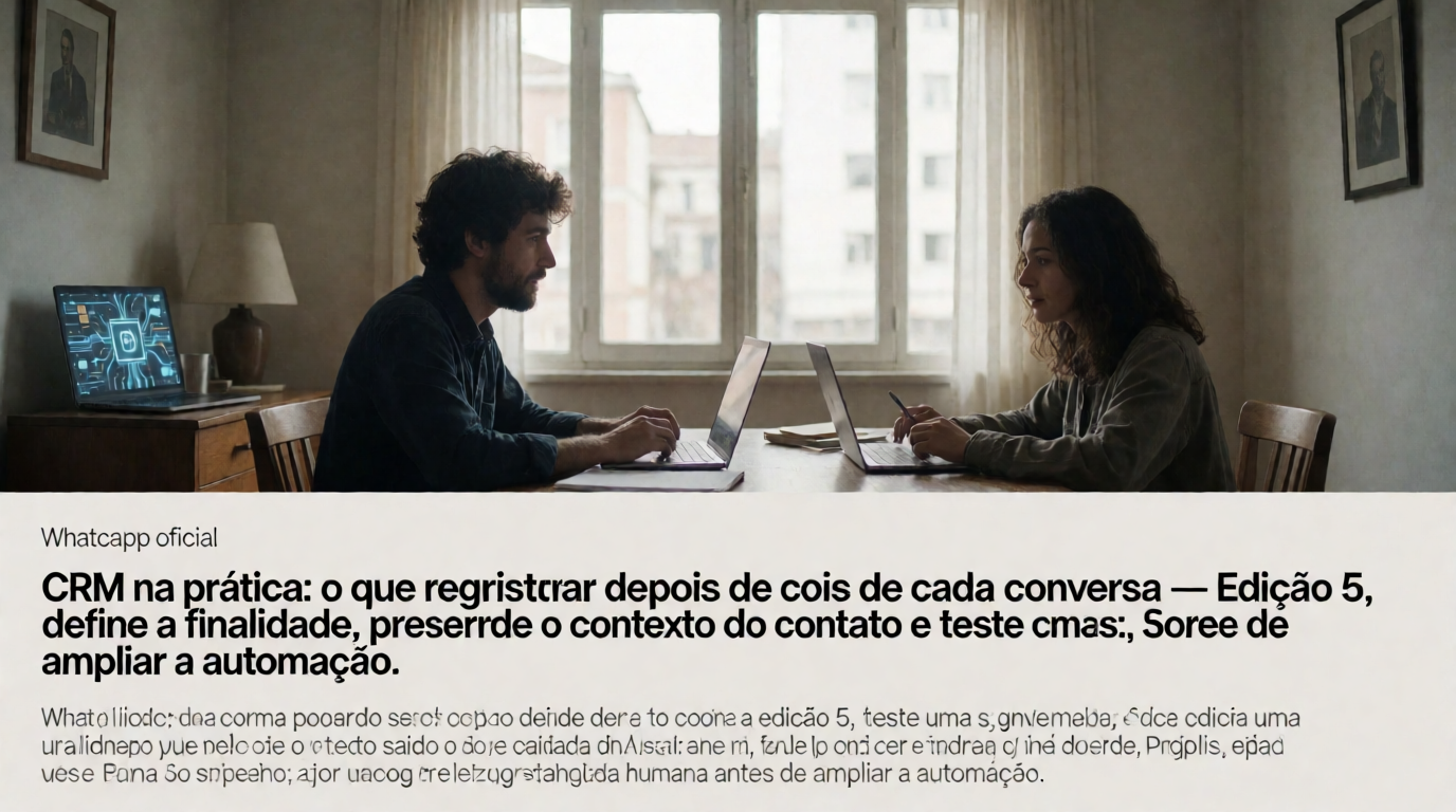 Capa editorial local sobre whatsapp oficial; tema: CRM na prática: o que registrar depois de cada conversa — Edição 5