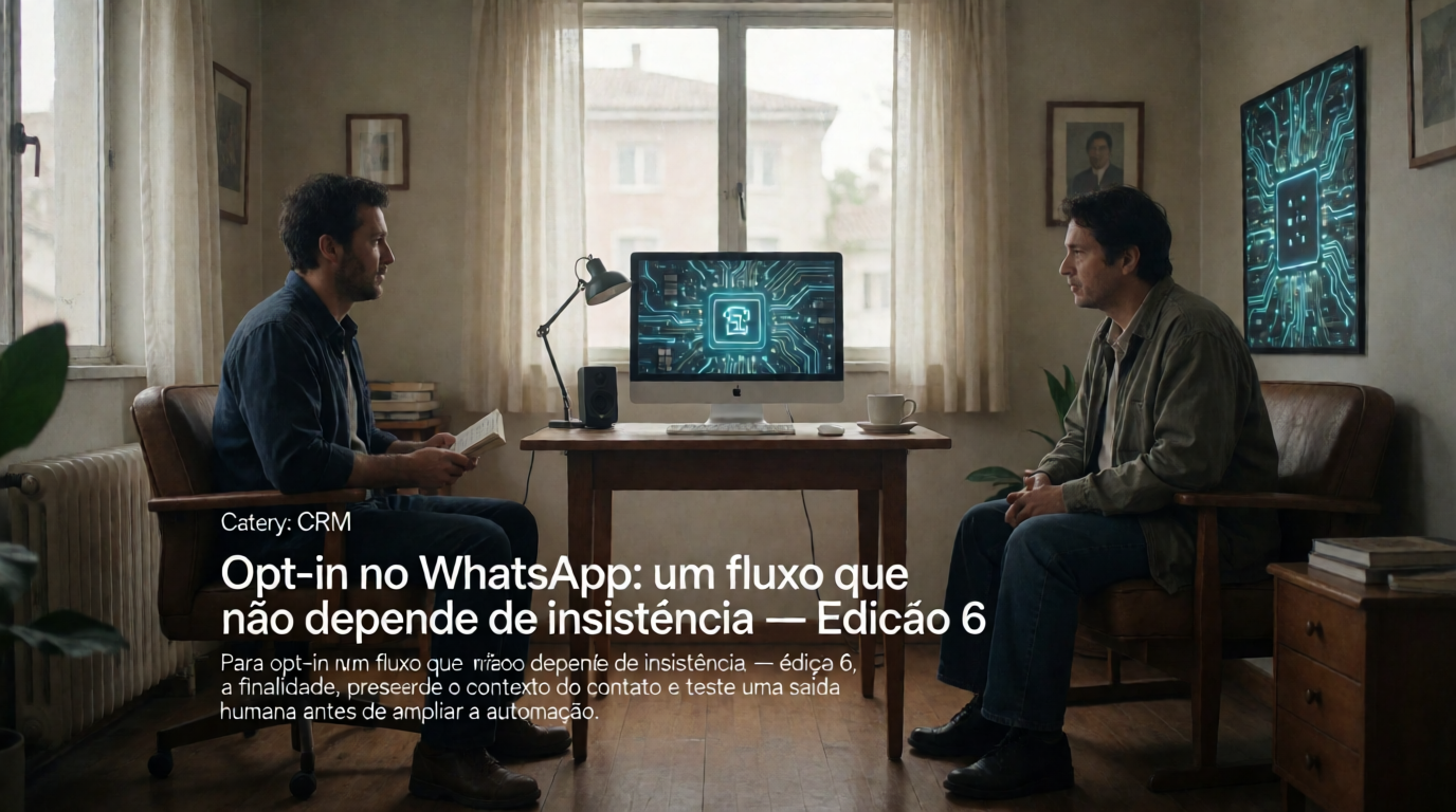 Capa editorial local sobre crm; tema: Opt-in no WhatsApp: um fluxo que não depende de insistência — Edição 6